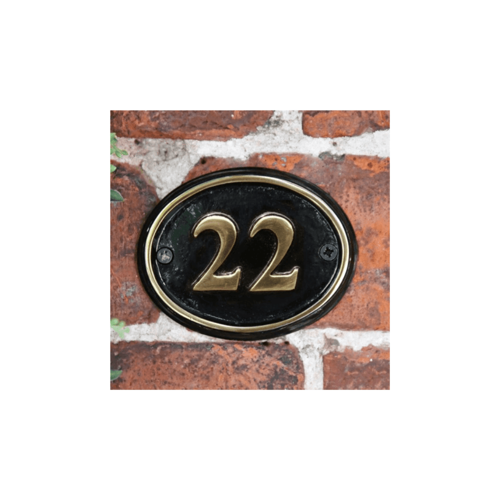 Black Country Metal Works Polished Brass & Black Oval House Number Sign -Blank