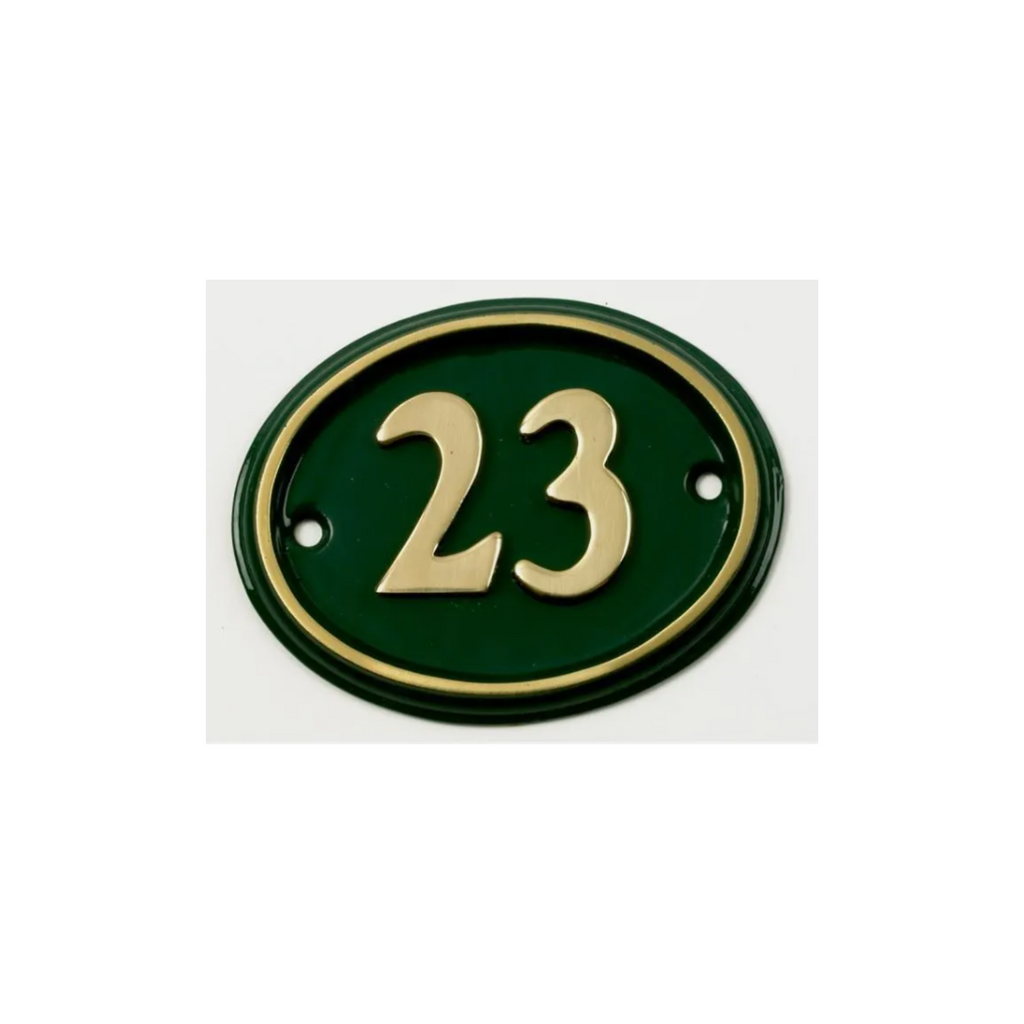 Black Country Metal Works Polished Brass & Green Oval House Number Signs