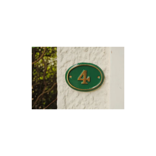 Black Country Metal Works Polished Brass & Green Oval House Number Signs