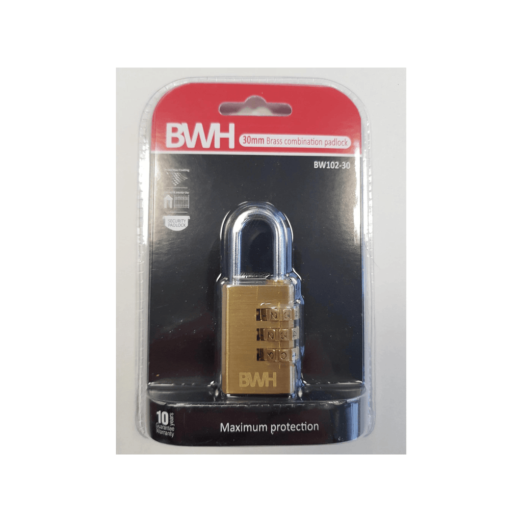 BWH BRASS COMBINATION PADLOCK 30MM - Tool Source - Buy Tools and Hardware Online